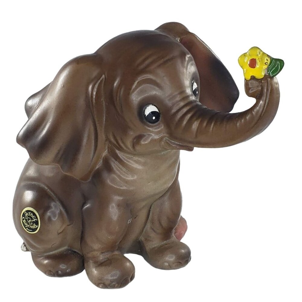 Josef Originals Large Elephant Sitting with Flower Figurine